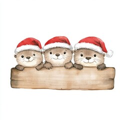 Trio of Cute Otters in Santa Hats