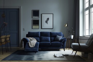 Modern living room design with blue sofa, wooden coffee table, and chair. Gray wall, floor lamp, and white curtains. Natural light enters through window.