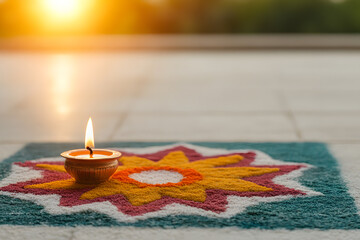 Colourful Diyas Illuminating a Festive Rangoli Design | Vibrant Lights and Intricate Patterns Celebrating Diwali Traditions