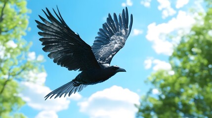 Umbrellabird Flying Under Blue Sky, Photo Realistic, Wallpaper, Cover and Screen for Smartphone, PC, Laptop, 9:16 and 16:9 Format