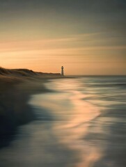 Peaceful Lighthouse by the Shore at Sunset with Soft Reflections on the Tranquil Sea