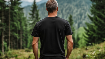 Man in black t-shirt facing away from camera, standing in forest.