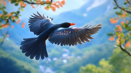 Fototapeta premium Umbrellabird Flying Under Blue Sky, Photo Realistic, Wallpaper, Cover and Screen for Smartphone, PC, Laptop, 9:16 and 16:9 Format