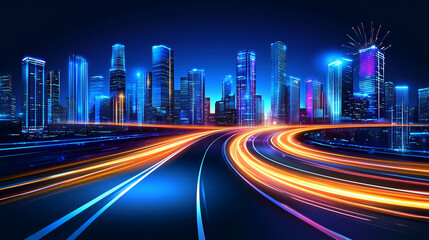 Fototapeta premium A neon cityscape with a highway illuminated by speeding cars.