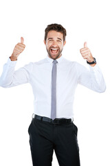 Thumbs up, excited and portrait of business man in studio with hand gesture for success, support and approval. Corporate, white background and isolated person with emoji for agreement, yes and okay