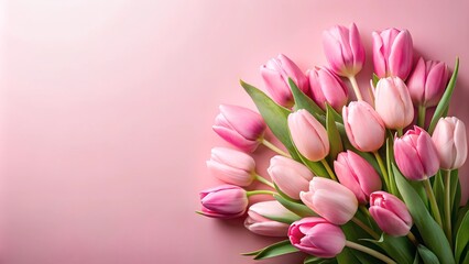 Obraz premium Beautiful composition spring flowers. Bouquet of pink tulips flowers on pastel pink background. Valentine's Day, Easter, Birthday, Happy Women's Day, Mother's Day. Flat lay, top view, copy space