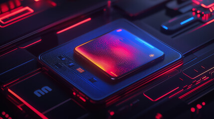 A glowing blue and red circuit board with a glowing square in the center.