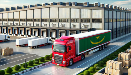 Red semi-truck with Mauritania flag trailer at a large logistics warehouse. Ideal for illustrating freight transport, trucking, shipping, and supply chain operations