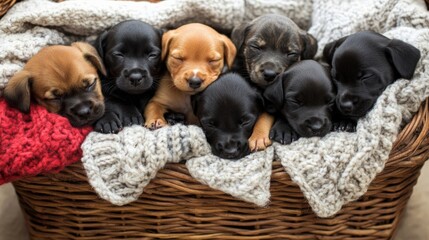 Obraz premium Adorable Labrador Retriever Puppies Cuddling in a Cozy Wicker Basket