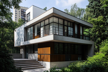 Fototapeta premium A small two-story modernist house with white stucco walls and dark wood accents, surrounded by lush greenery. The exterior includes large windows that allow for natural light to enter the space.