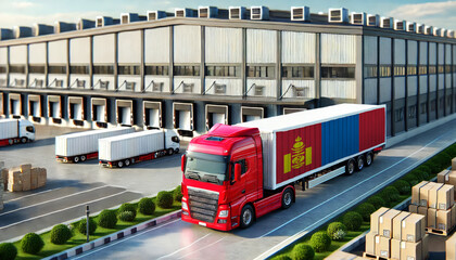 Naklejka premium Red semi-truck with Mongolia flag trailer at a large logistics warehouse. Ideal for illustrating freight transport, trucking, shipping, and supply chain operations