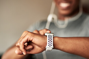 Man, hands and fitness watch for pulse, workout gear and tracking steps on app at gym. Male person, sports accessory and exercise to monitor heartbeat, cardio results and digital clock for timer