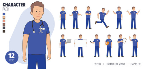 2D Illustrated male nurse man vector character in a set of multiple poses. Easy to edit and isolated on a white background. Modern trendy style character mega pack with lots of poses.	