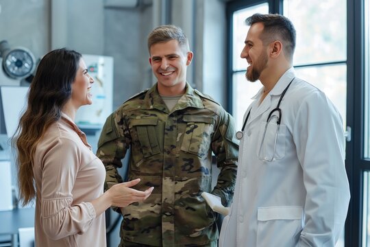 Military man in uniform, wife in pink dress talking to doctor at clinic. In room with window, radiator. Man stands left of woman, stands right of. Gray room with window on right, radiator on left.