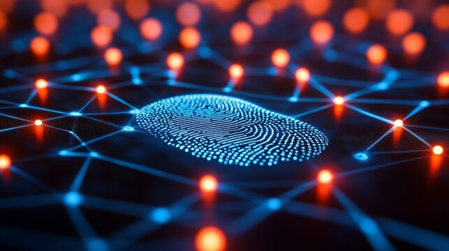 Digital fingerprint glowing blue, connected to network with glowing dots, digital security concept