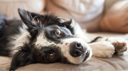 Funny portrait of cute smilling puppy dog border collie lying on bed at home. New lovely member of family little dog gazing and waiting for reward. Pet care and animals concept