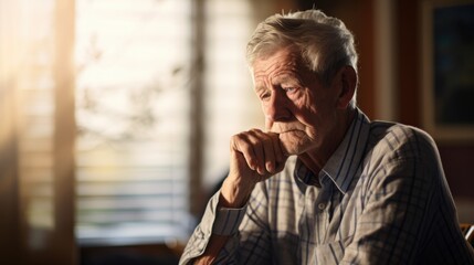 An elderly man deep in thought, cheek resting on hand, basks in warm sunlight filtering through the window, reflecting wisdom and introspection.
