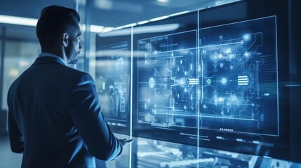 Fototapeta premium A man interacts with futuristic transparent screens filled with complex digital interfaces, creating a scene of advanced technology and focus.