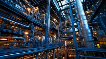 Oil refinery interior, towering distillation columns, heat exchangers, metal walkways, mechanical pumps, well-organized and high-tech facility
