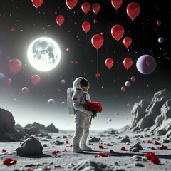 Obraz premium Surreal Deep Space Astronaut with Glowing Roses and Floating Red Balloons under Nebula Light – Romantic Sci-Fi Concept