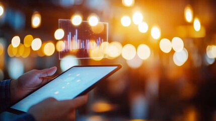 A professional man holds a tablet displaying a holographic bar chart, focusing on analyzing financial data against a blurred, warm background