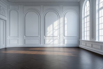 Fototapeta premium Sunlight streams through tall windows in a minimalist room featuring elegant trim and a dark wooden floor, creating a warm atmosphere
