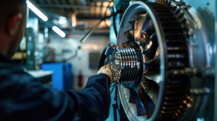 Obraz premium Mechanic Examining the Inner Workings of a Complex Machine