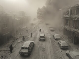 A city blanketed in ash following a volcanic eruption, with smoke rising and people walking through the debris.