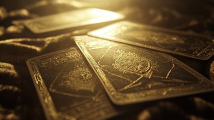 Close-up of Tarot cards , bathed in soft, golden light