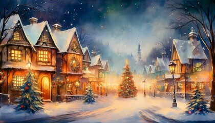 snowy village with old houses, christmas tree in the middle with lights in the windows and lanterns and illuminated houses. watercolor style