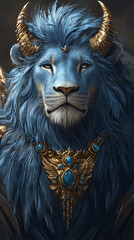 Majestic blue lion with golden horns and royal adornments in fantasy portrait  
