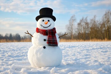 Obraz premium A snowman with a smiling face and dressed in a black hat and red scarf is situated in a snowy landscape under clear skies
