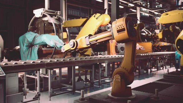 A futuristic robotic factory utilizes advanced automation to optimize production on a conveyor belt for manufacturing heavy equipment.
