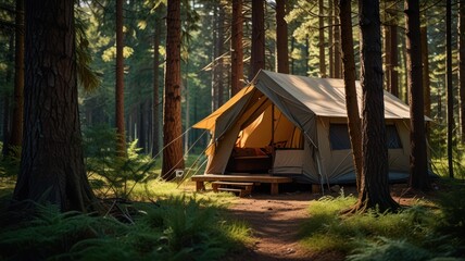 A large canvas tent pitched in a forest clearing with sunlight streaming through the trees.