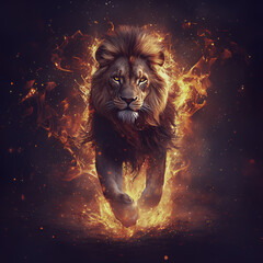 Naklejka premium Lion engulfed in flames, running fiercely with fire trailing from its mane. 