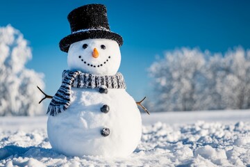 Obraz premium This snowman, wearing a black hat and a striped scarf, brightens the snowy scene on a sunny winter day