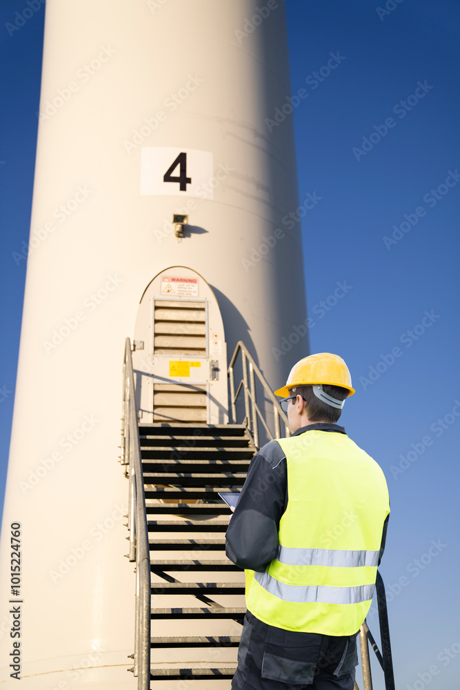 Aufkleber Engineer with tablet computer on a background of wind turbine