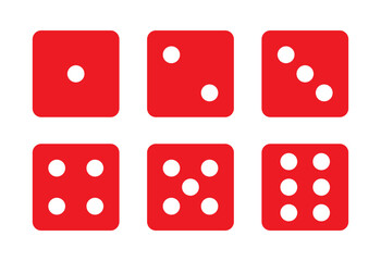 Casino dice set in red and white color, dice collection. Vector icons. Game dice set. One to six. Traditional game dice marked with different numbers of dots. Vector illustration