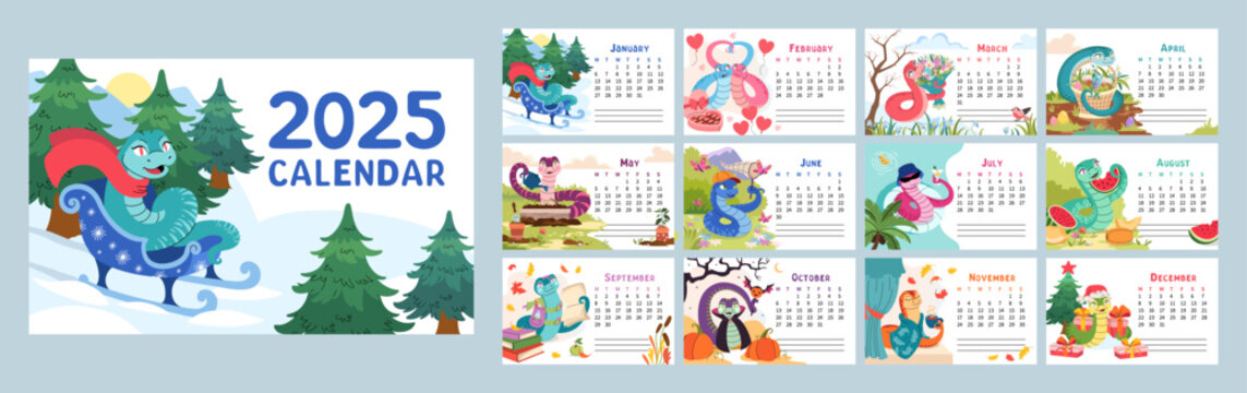 2025 calendar with cute snake vector illustrations for each month. 12 horizontal pages with Chinese New Year symbol. Colorful and playful snake characters representing different seasons and holidays.
