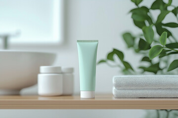 A mock-up of toothpaste in a plain pastel green tube, neatly placed on a bathroom shelf. 