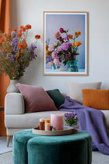 Lively Living Room with Round Ottoman and Colorful Floral Decor
