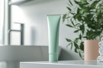 A mock-up of toothpaste in a plain pastel green tube, neatly placed on a bathroom shelf. 