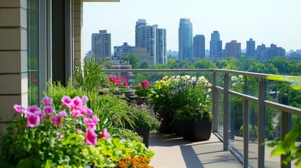 Fototapeta premium Blooming Balcony with Urban Skyline in the Background