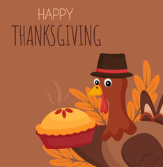 Thanksgiving greeting card with a turkey bird holding a piece of cake. Festive holiday illustration
