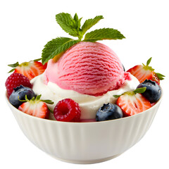 A bowl of various fruits and ice cream isolated on transparent background