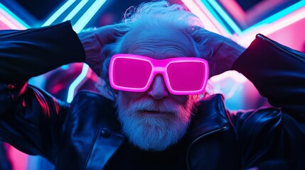 Elderly man wearing pink neon sunglasses at futuristic nightclub with colorful lights