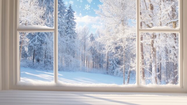 Fototapeta Snowy winter forest view from cozy window with frost on glass
