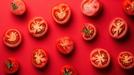 Fototapeta premium A flat lay of sliced red tomatoes on a bright red background.