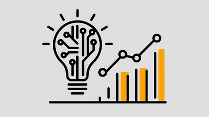 An abstract illustration of a tech symbol with a light bulb, circuit board, and a rising graph, symbolizing creativity, technology, progress, and innovation