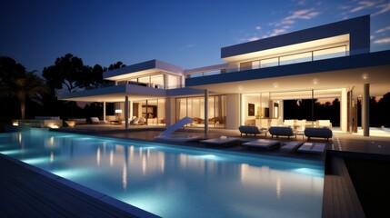 Fototapeta premium A luxurious modern villa with sleek architecture, warm lights, and a sparkling infinity pool at dusk.